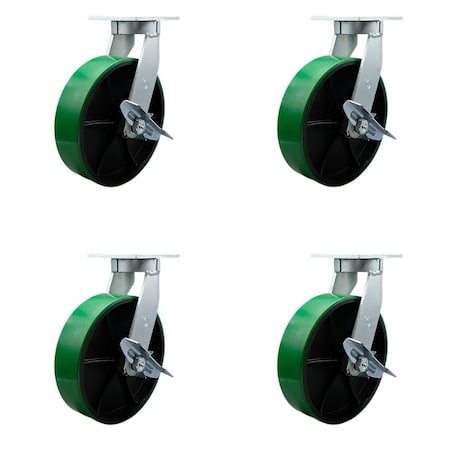 Service Caster 10'' Heavy Duty Green Poly on Cast Iron Swivel Caster Set with Brakes, 4PK CRAN-SCC-KP92S1030-PUR-GB-SLB-4